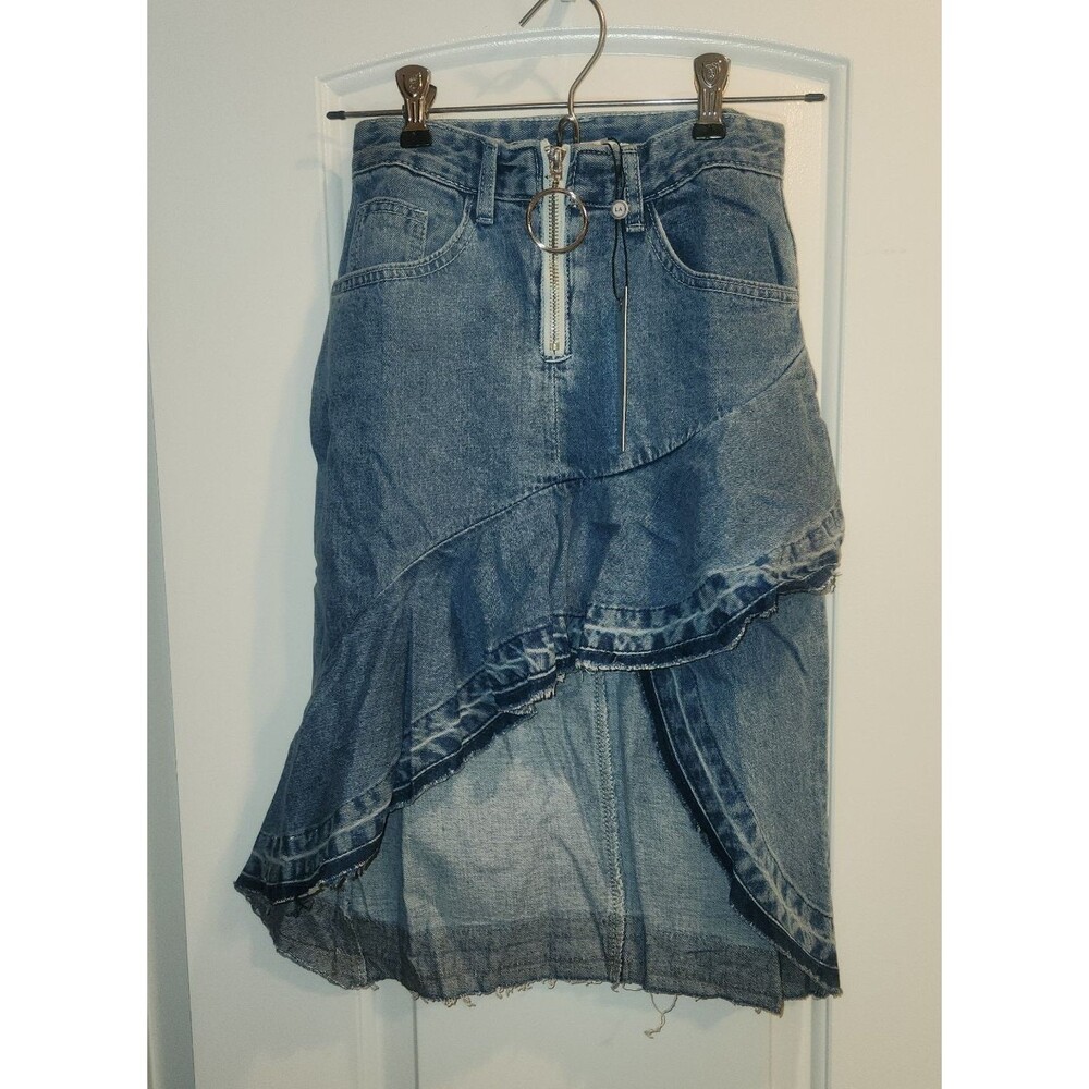 After Market x Anthropologie Asymmetrical Ruffle Denim Skirt High Low - Size XS